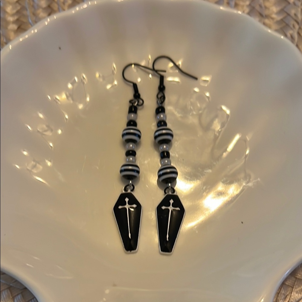 Black and White Geometric Beaded with Coffin Charm Earrings